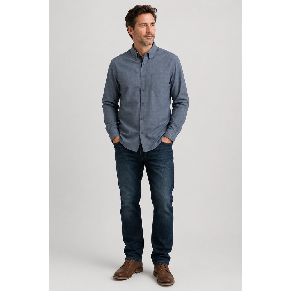 John Varvatos USA Button Down Shirt Mens L Blue Micro Check Roll Tab W387C1S